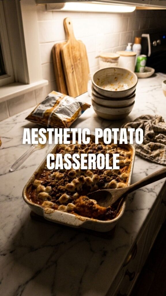A freshly baked sweet potato casserole topped with toasted marshmallows.