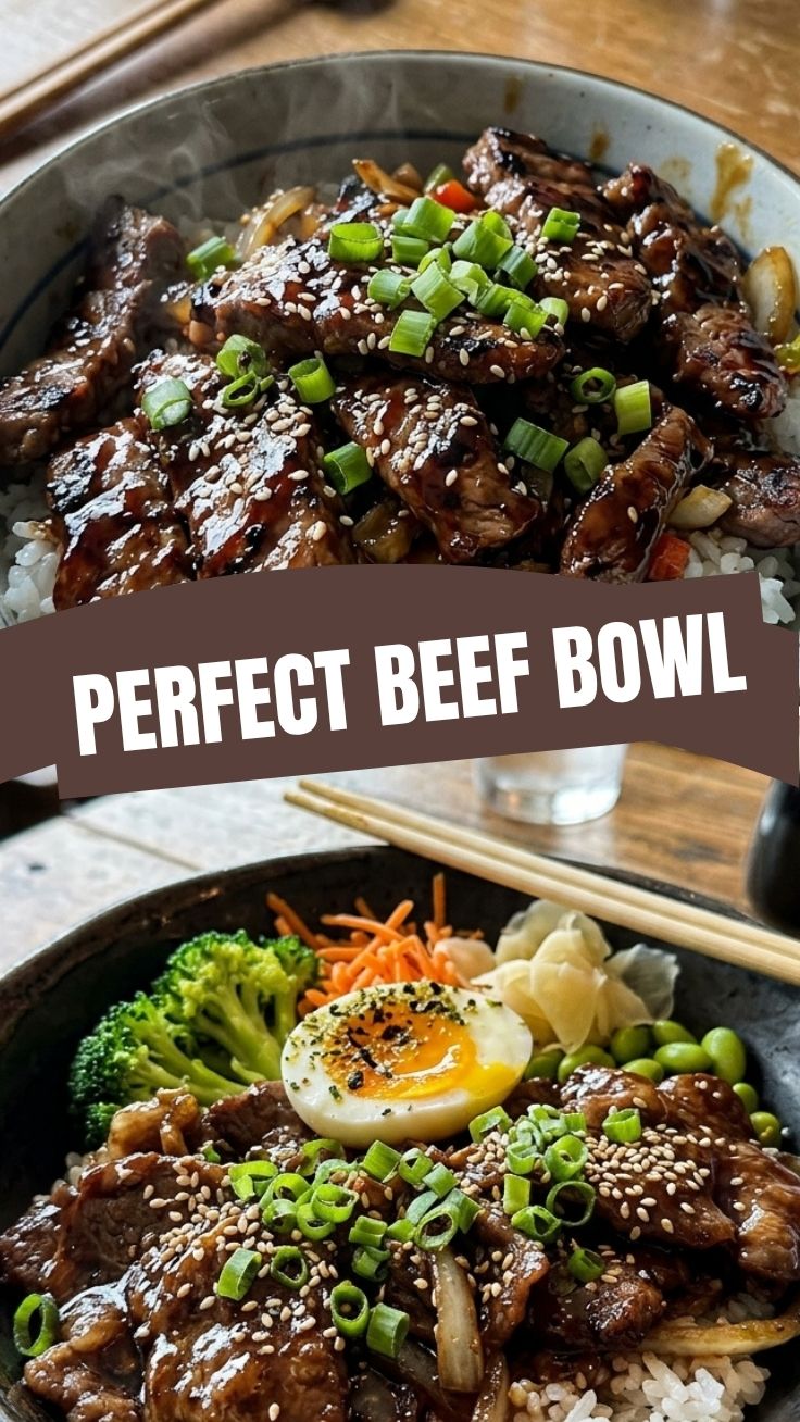 A freshly prepared teriyaki beef bowl with rice and vegetables.