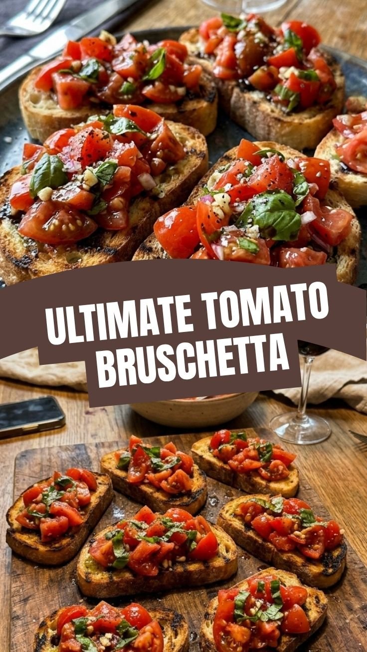 Tomato bruschetta on a rustic wooden board topped with basil leaves