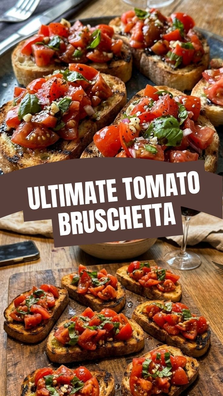 Platter of brightly colored tomato bruschetta on toasted bread.
