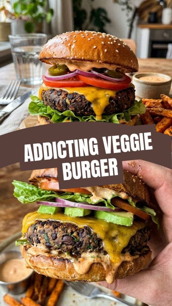 A close-up shot of a gourmet black bean veggie burger with fresh toppings.