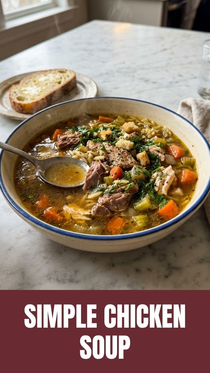A warm, hearty bowl of slow cooker chicken soup with visible vegetables, ready to be enjoyed.