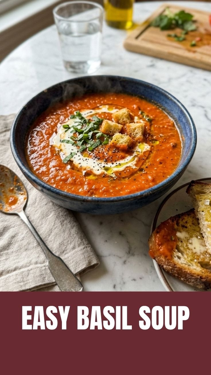 Warm tomato basil soup in a rustic bowl