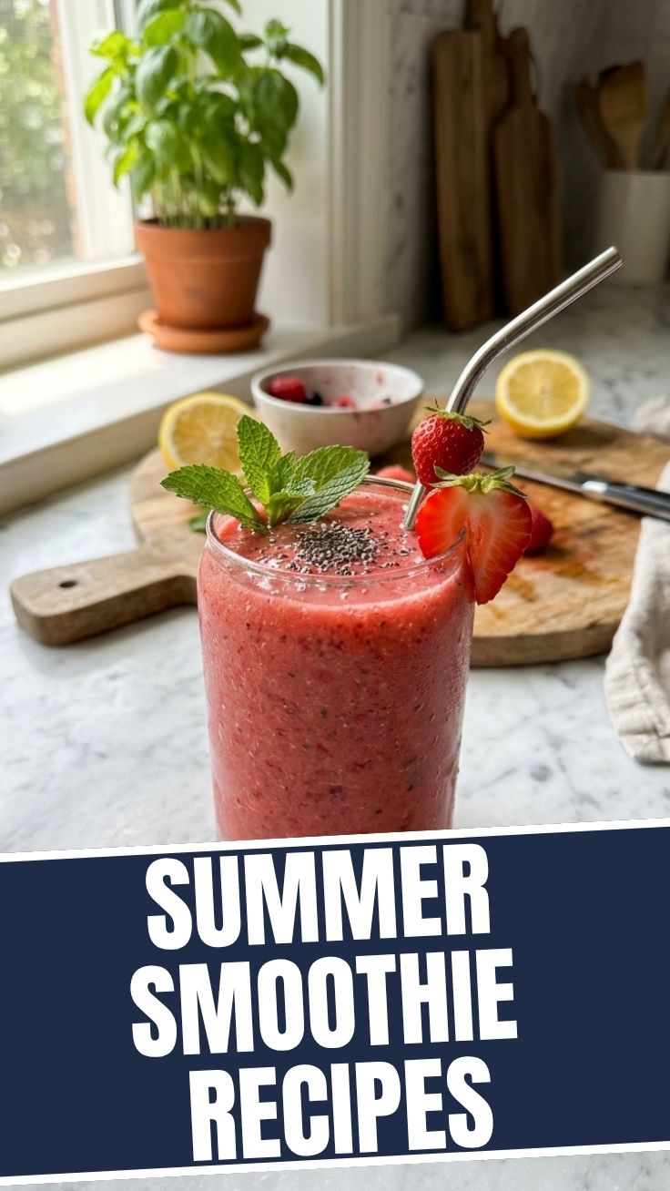 Assortment of vibrant weight loss summer smoothie recipes in clear glasses, garnished with fresh fruit.