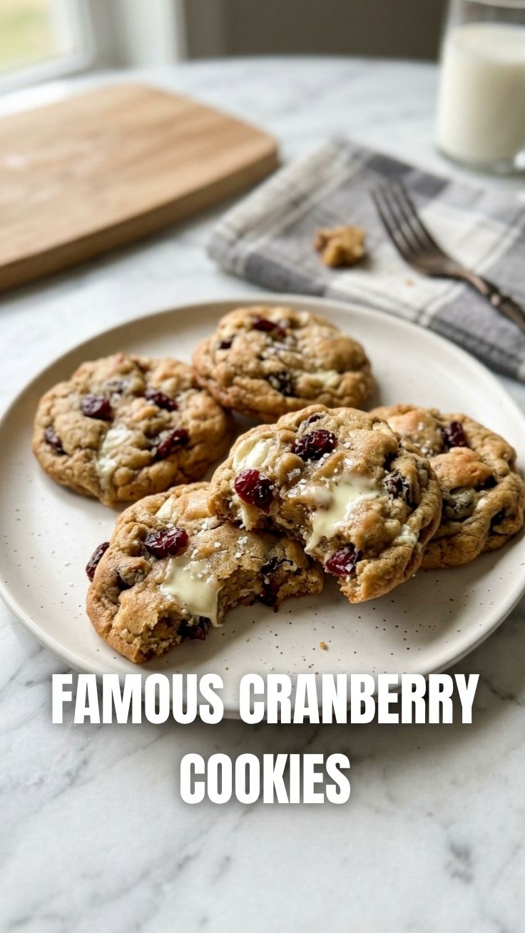 A close-up of freshly baked white chocolate cranberry cookies on a cooling rack.