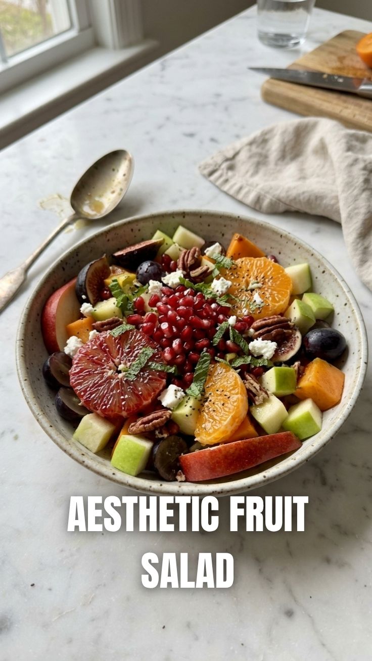 A colorful bowl of winter fruit salad featuring various seasonal fruits