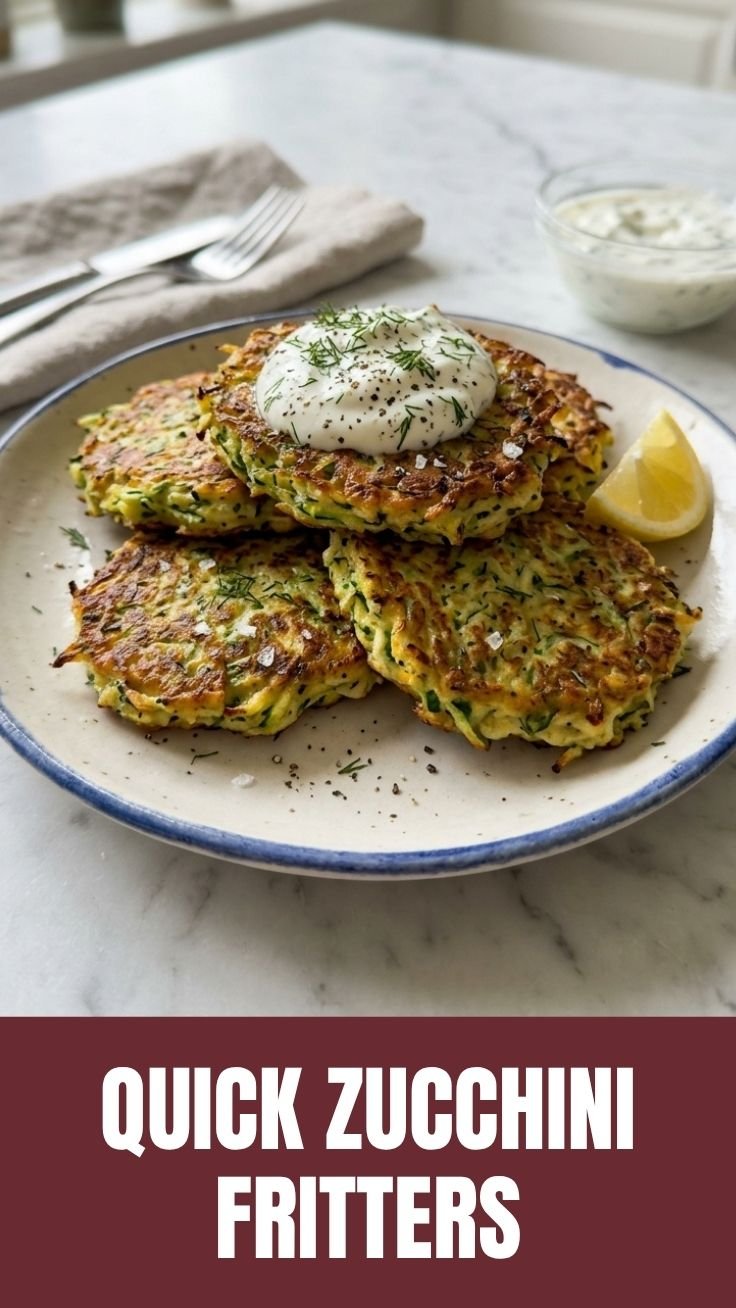 Golden brown zucchini fritters stacked on a plate