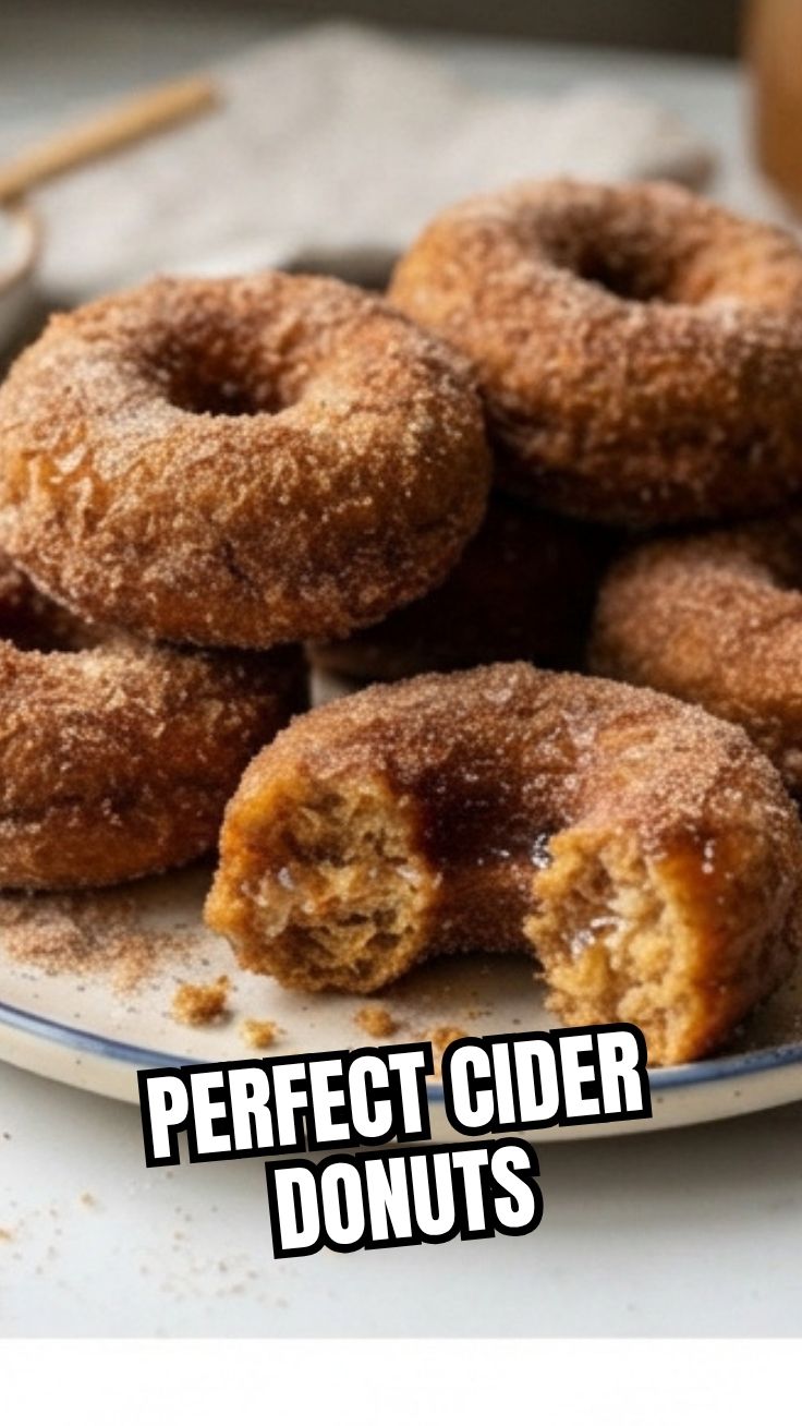 A platter of golden-brown apple cider donuts dusted with sugar