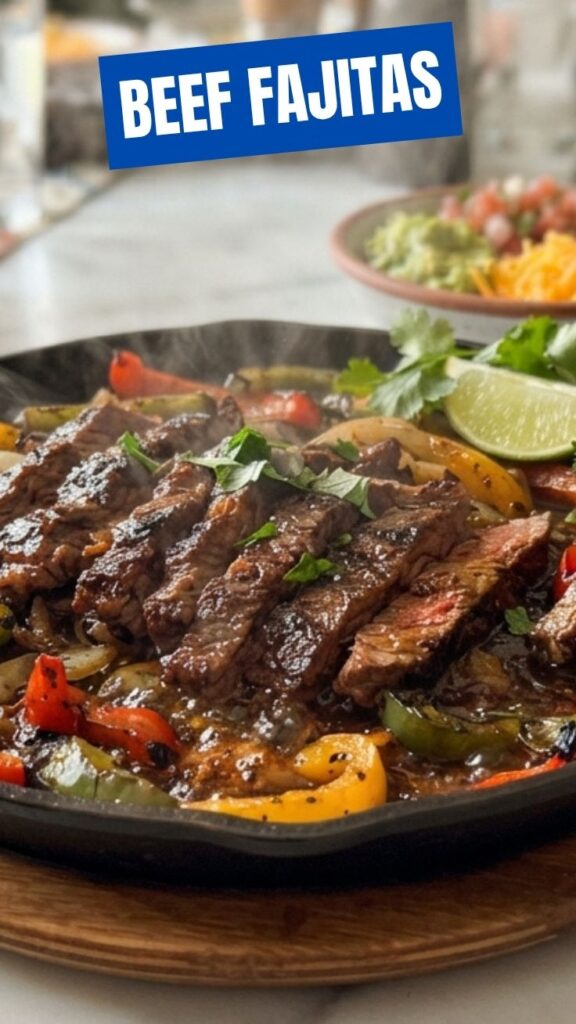Close-up of sizzling beef fajitas with colorful bell peppers and onions in a hot skillet.