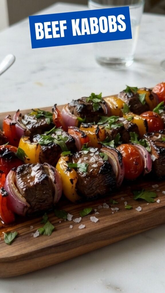 Delicious beef kabobs with colorful vegetables on a skewer