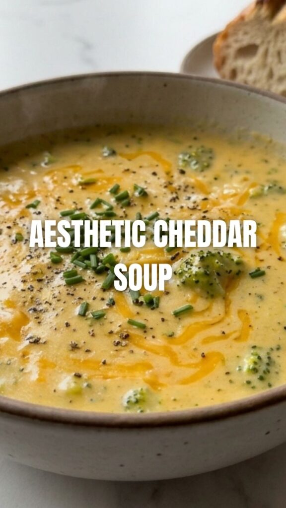 A steaming bowl of rich broccoli cheddar soup with fresh herbs.