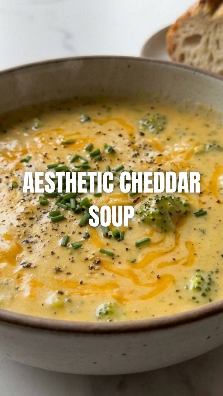 A steaming bowl of rich broccoli cheddar soup with fresh herbs.