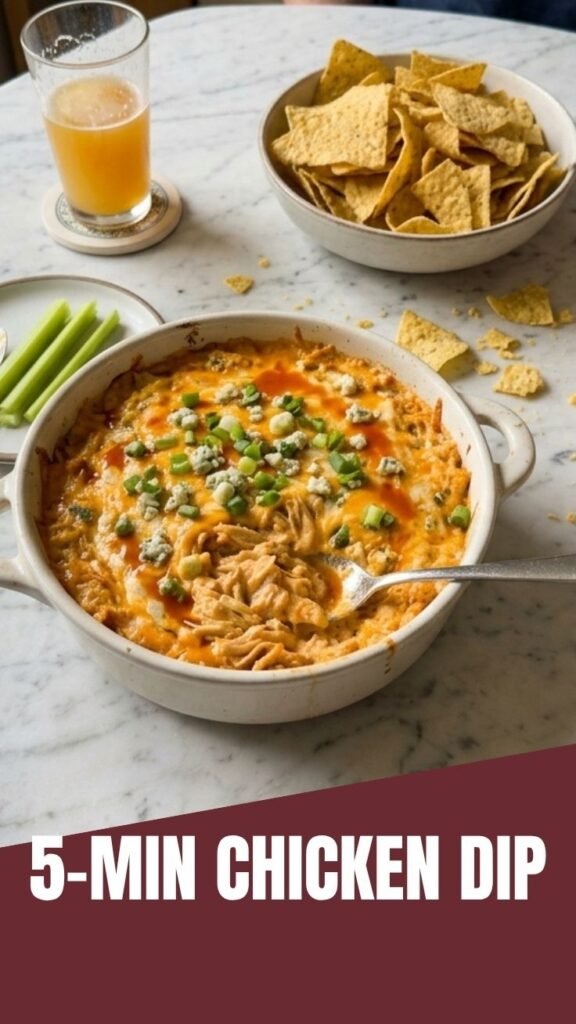 A creamy buffalo chicken dip served in a rustic bowl with crackers.