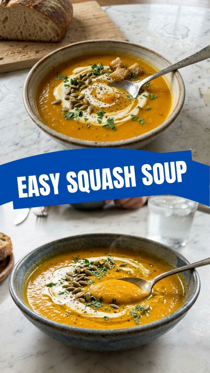 A bowl of creamy butternut squash soup garnished with fresh herbs.