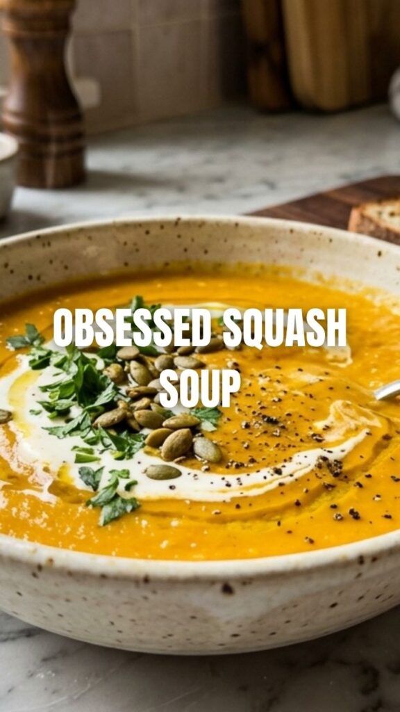 A steaming bowl of comforting butternut squash soup, garnished with herbs.