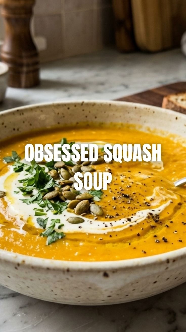 A bowl of butternut squash soup garnished with fresh herbs and a swirl of cream