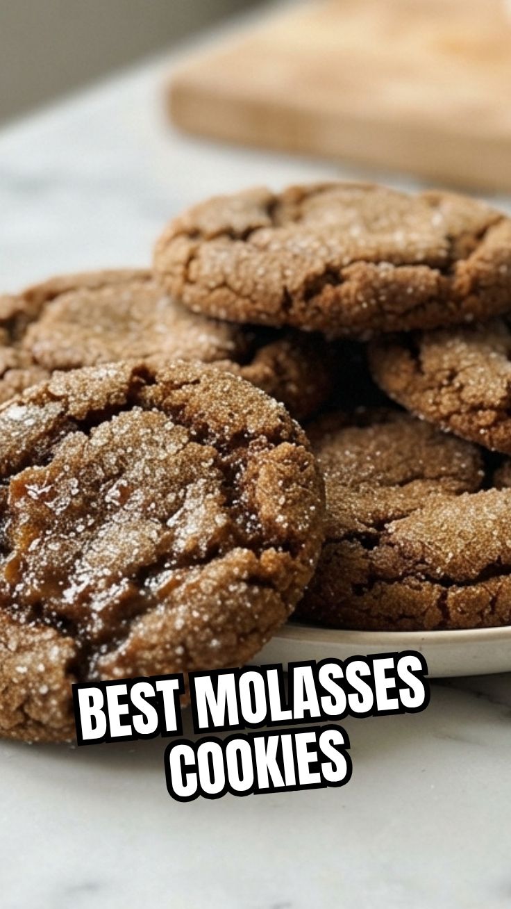 Close-up of soft, chewy molasses cookies with crackled tops