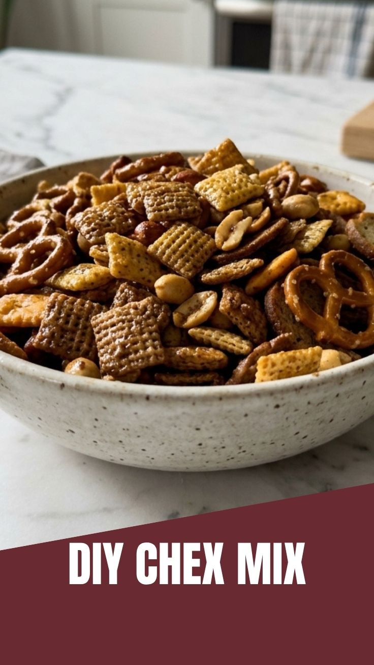 A bowl of savory Chex Mix with various cereals and pretzels