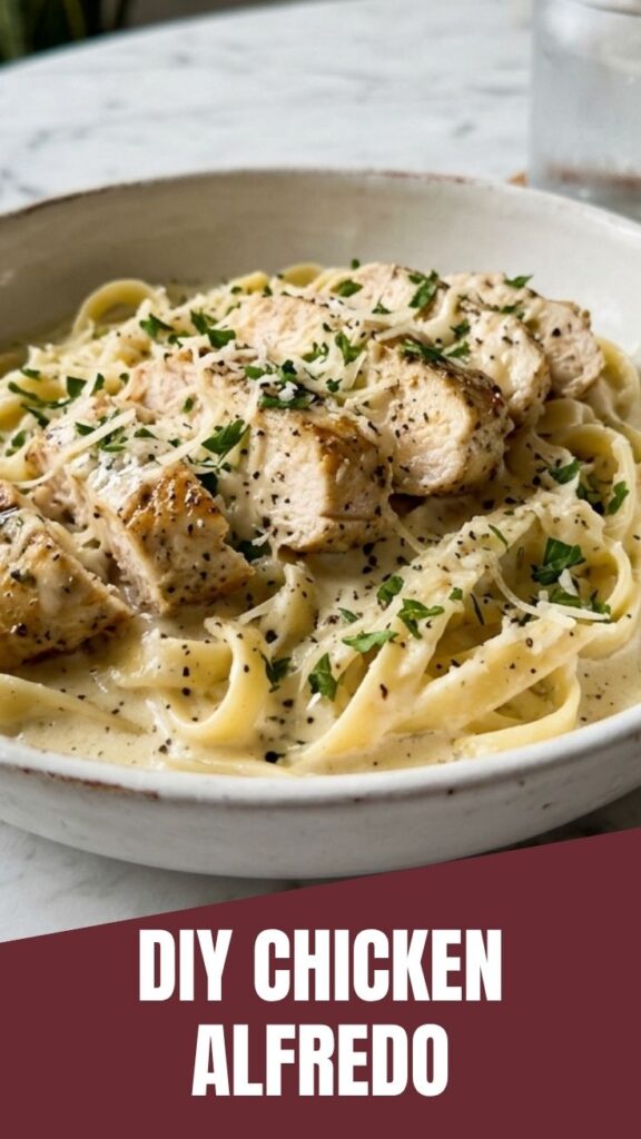 A bowl of rich and creamy chicken alfredo pasta, garnished with fresh parsley.