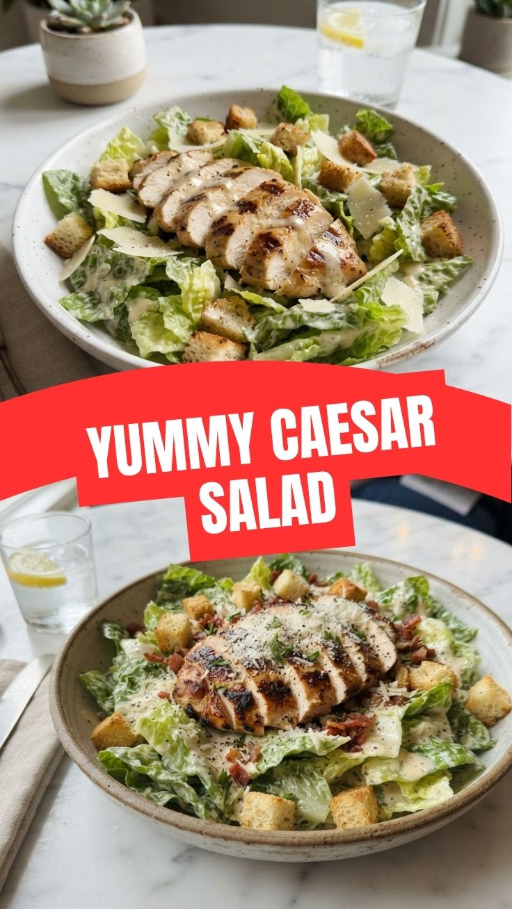 A crisp chicken Caesar salad with romaine and croutons