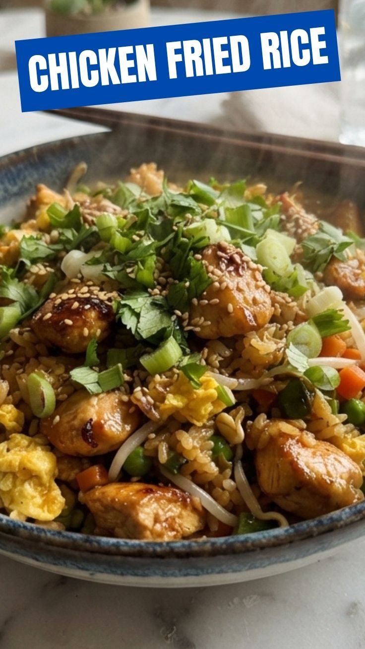 A generous serving of chicken fried rice on a white plate.
