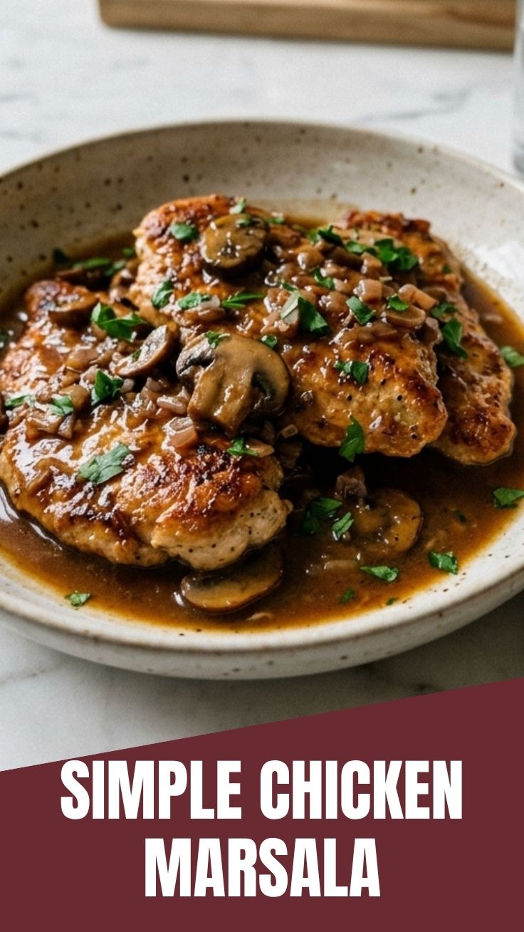 A serving of savory chicken Marsala with mushrooms and sauce.