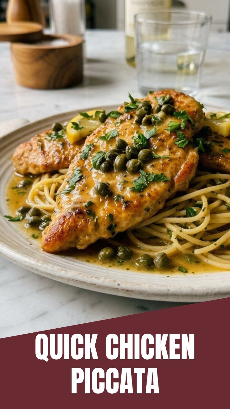 A plate of classic chicken piccata with capers and lemon slices.