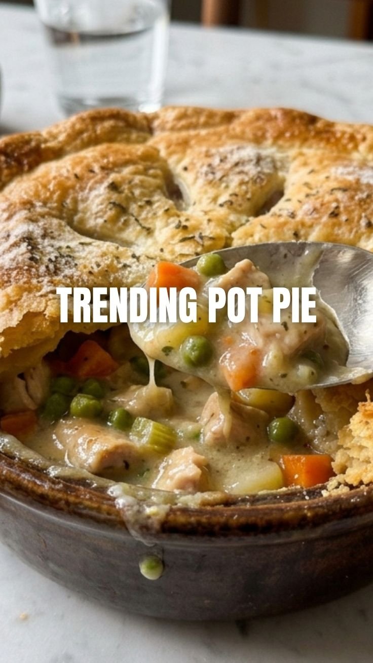 A warm, golden chicken pot pie fresh from the oven, steam rising from the flaky crust