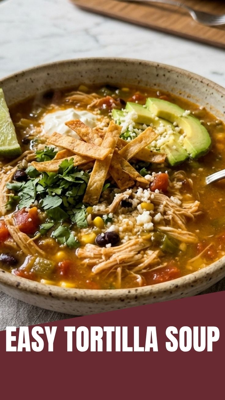 A steaming bowl of chicken tortilla soup garnished with fresh herbs.