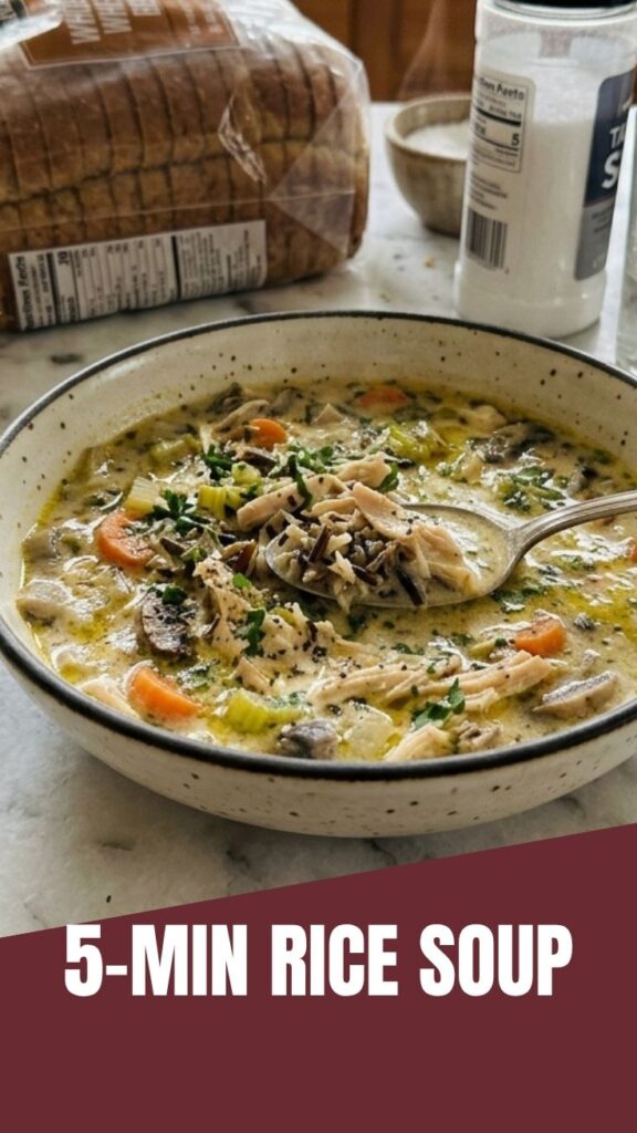 A bowl of rich chicken wild rice soup garnished with fresh herbs