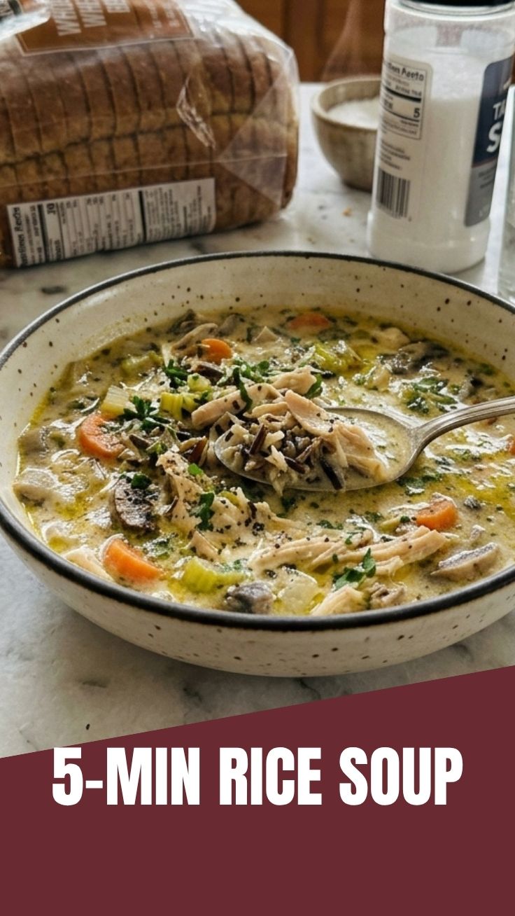 A bowl of rich chicken wild rice soup garnished with fresh herbs