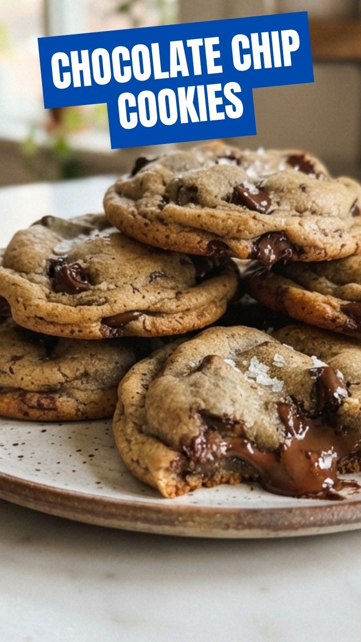 A close-up of freshly baked chocolate chip cookies with melted chips on a cooling rack.