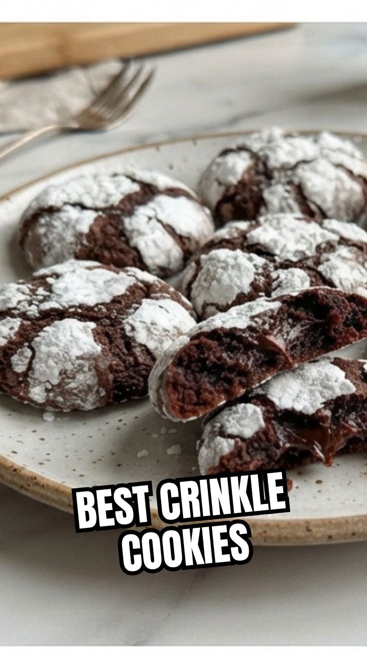 Freshly baked chocolate crinkle cookies with crackled powdered sugar surface