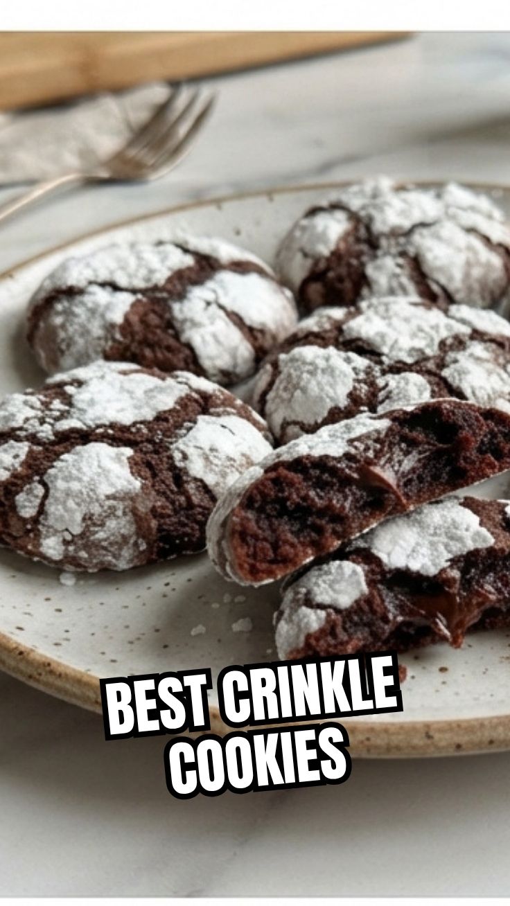 A close-up of freshly baked chocolate crinkle cookies dusted with powdered sugar