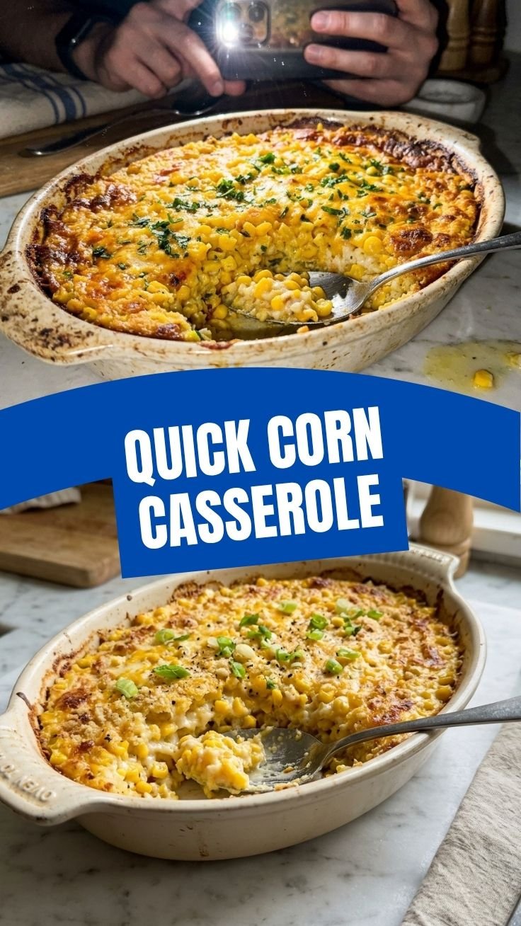 Golden corn casserole in a baking dish