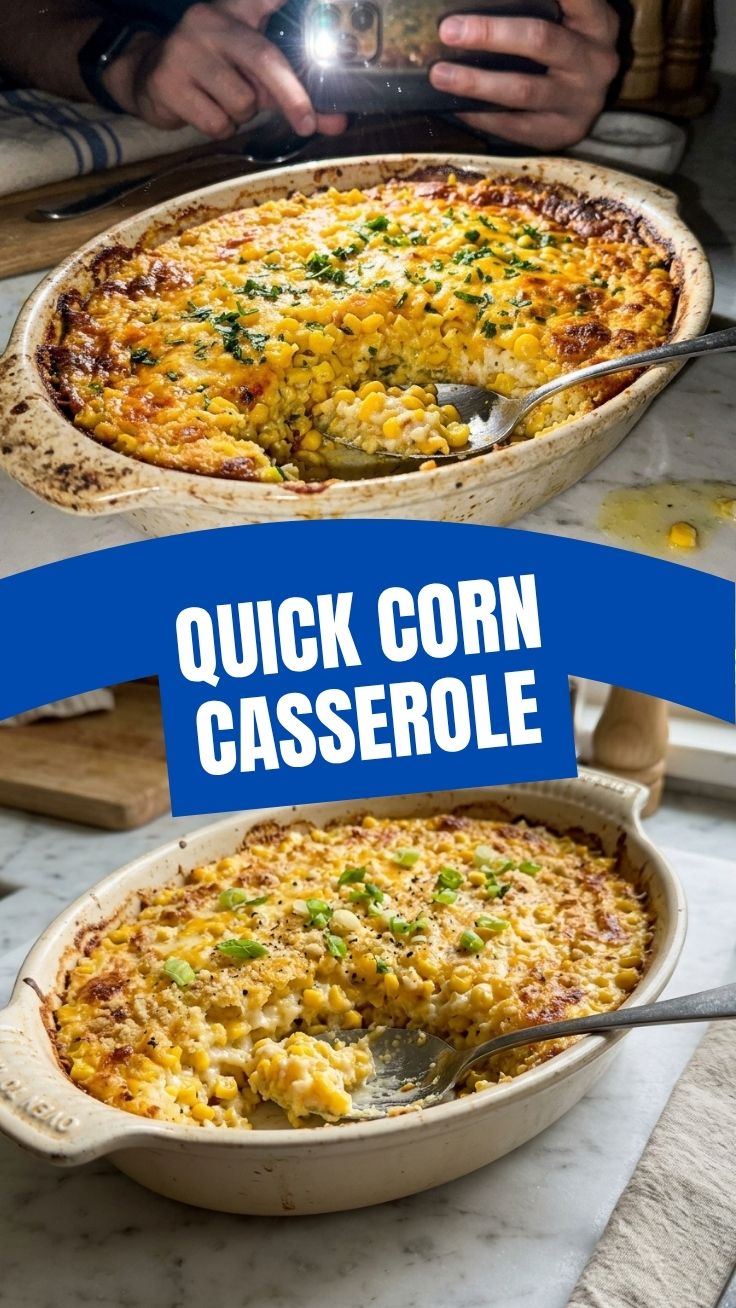 A golden-baked corn casserole in a baking dish, ready to serve