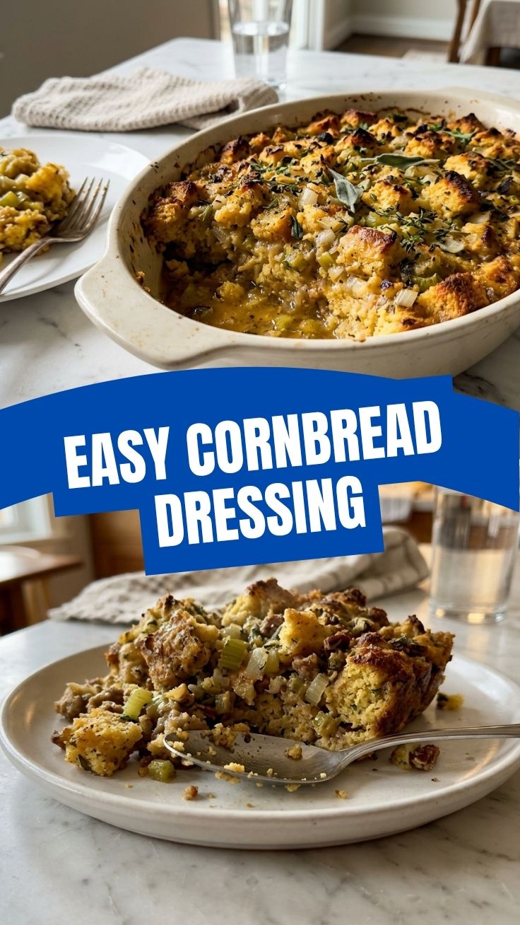 A baking dish filled with golden brown cornbread dressing, fresh from the oven.
