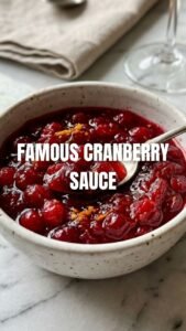 A bowl of homemade cranberry sauce, glossy and vibrant.