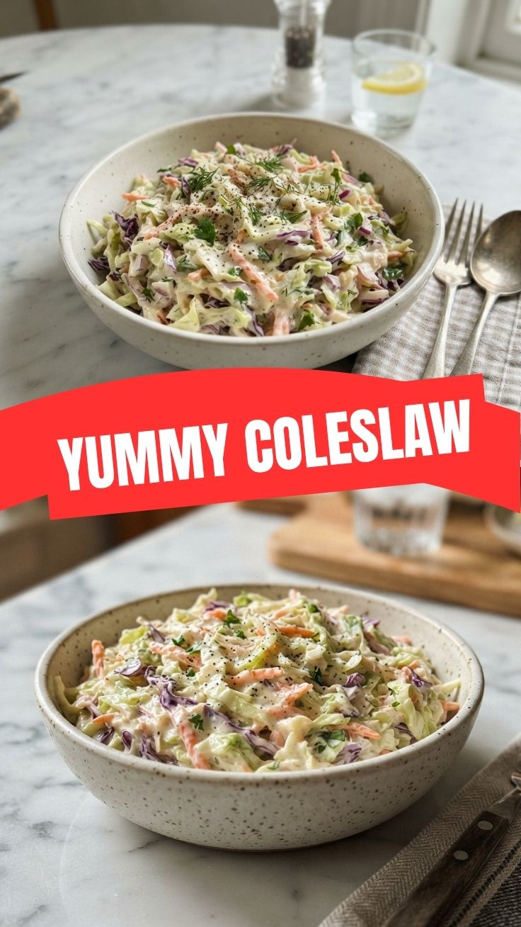 A bowl of creamy coleslaw, freshly prepared with shredded cabbage and carrots.