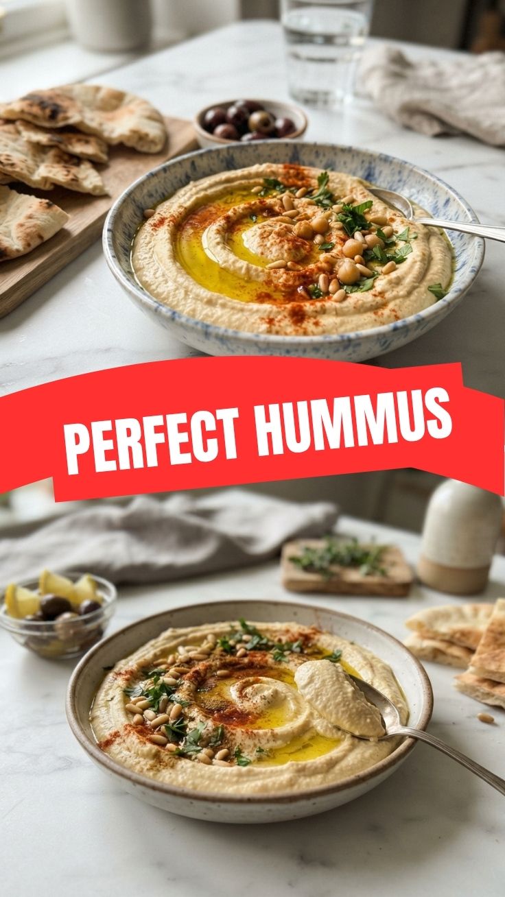 A smooth and creamy bowl of hummus, garnished with olive oil and paprika.