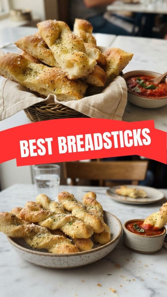 A basket of freshly baked breadsticks, golden brown and perfectly seasoned.