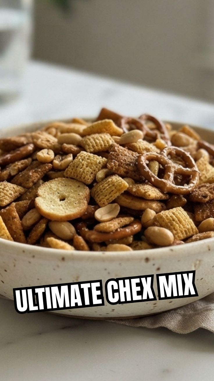 A bowl of savory Chex Mix, perfect for snacking.