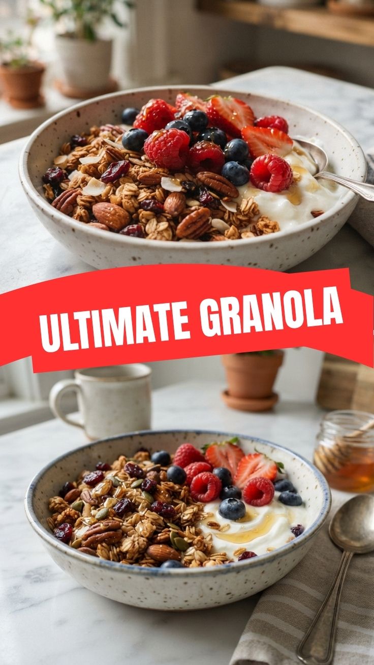 A bowl of crunchy granola, perfect for breakfast.