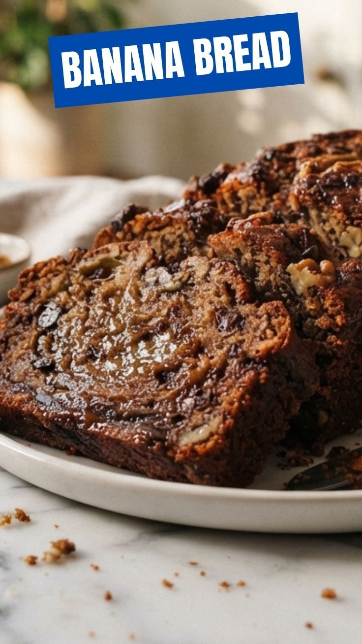 Moist banana bread loaf with golden crust