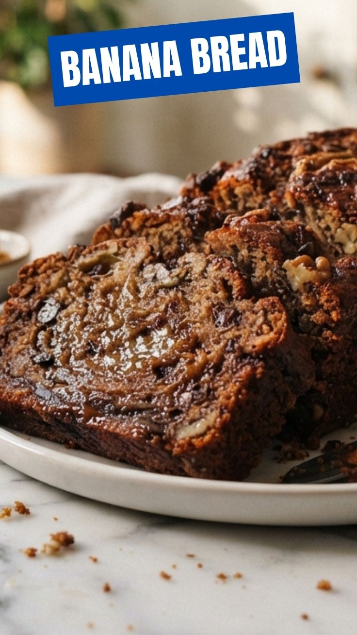 A freshly baked loaf of banana bread on a cooling rack.