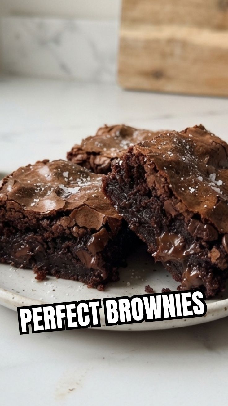 A close-up of delicious fudgy brownies with crinkled tops.