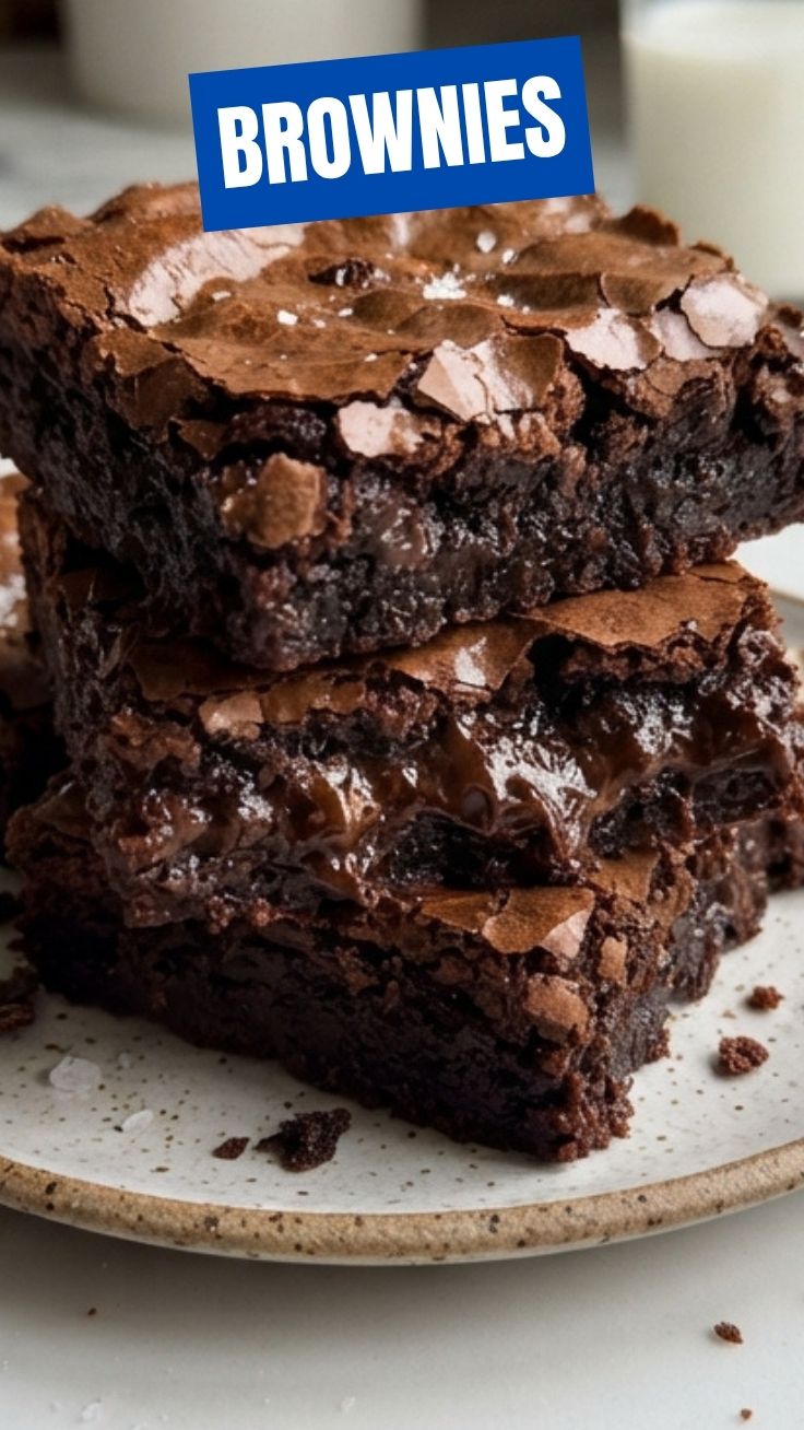 A close-up of a stack of rich, chocolatey brownies, tempting to eat