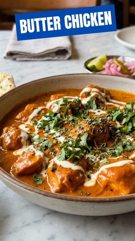 A full bowl of delicious butter chicken garnished with fresh cilantro