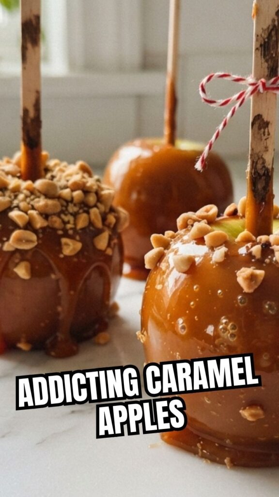 Gourmet caramel apples with a thick, glossy caramel coating