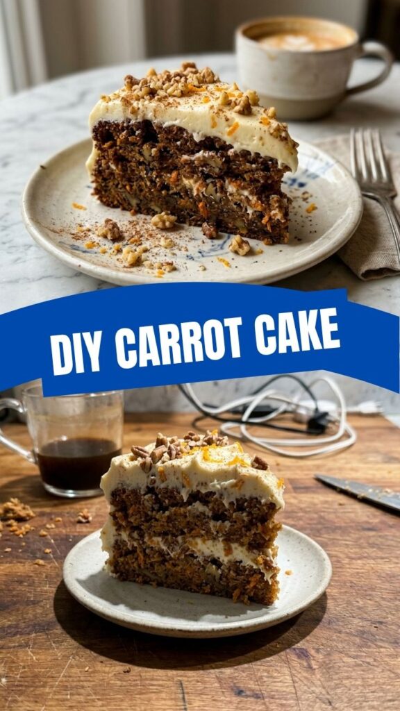 A freshly baked carrot cake with cream cheese frosting